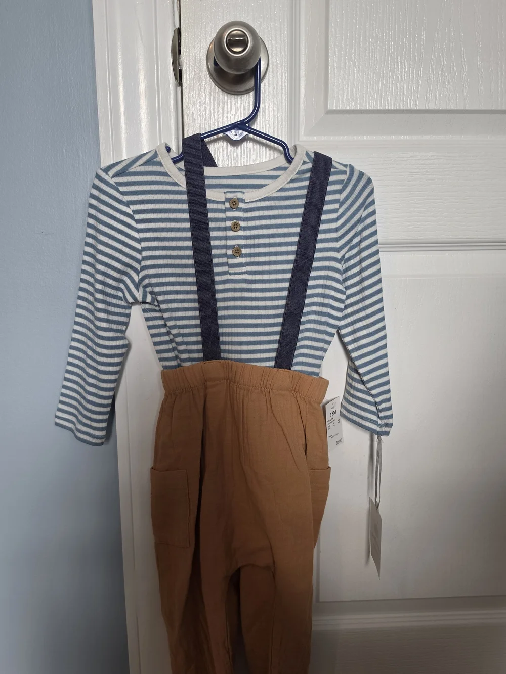 Cat & Jack Blue Striped Top with Tan Suspender Pants Kids Matching Set